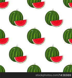 Seamless pattern with fresh whole and cut slice watermelon fruit on white background. Summer fruits for healthy lifestyle. Organic fruit. Cartoon style. Vector illustration for any design.