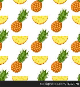 Seamless pattern with fresh whole and cut slices pineapple fruit with leaves on white background. Summer fruits for healthy lifestyle. Organic fruit. Cartoon style. Vector illustration for any design.