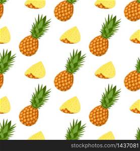 Seamless pattern with fresh whole and cut slices pineapple fruit with leaves on white background. Summer fruits for healthy lifestyle. Organic fruit. Cartoon style. Vector illustration for any design.