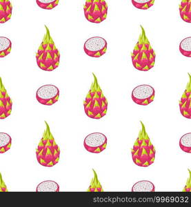 Seamless pattern with fresh whole and half cut red pitaya fruits isolated on white background. Summer fruits for healthy lifestyle. Organic fruit. Cartoon style. Vector illustration for any design. Seamless pattern with fresh whole and half cut red pitaya fruits isolated on white background. Summer fruits for healthy lifestyle. Organic fruit. Cartoon style. Vector illustration for any design.