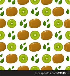 Seamless pattern with fresh whole and half kiwi fruit and leaves on white background. Summer fruits for healthy lifestyle. Organic fruit. Cartoon style. Vector illustration for any design.