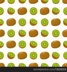 Seamless pattern with fresh whole and half kiwi fruit on white background. Summer fruits for healthy lifestyle. Organic fruit. Cartoon style. Vector illustration for any design.