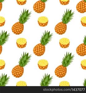 Seamless pattern with fresh whole and half pineapple fruit with leaves on white background. Summer fruits for healthy lifestyle. Organic fruit. Cartoon style. Vector illustration for any design.