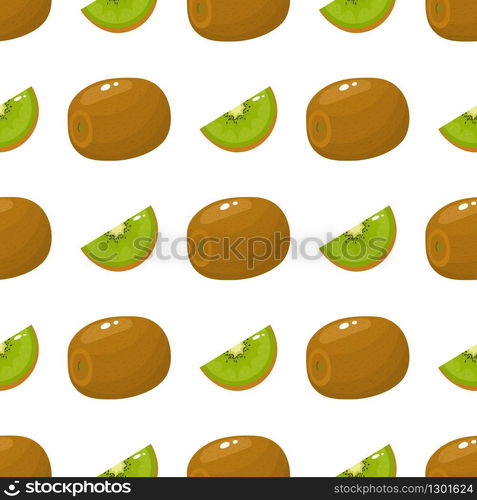 Seamless pattern with fresh whole and slice kiwi fruit on white background. Summer fruits for healthy lifestyle. Organic fruit. Cartoon style. Vector illustration for any design.