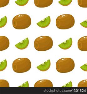 Seamless pattern with fresh whole and slice kiwi fruit on white background. Summer fruits for healthy lifestyle. Organic fruit. Cartoon style. Vector illustration for any design.