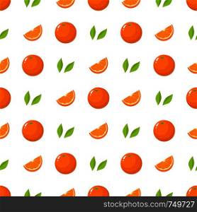 Seamless pattern with fresh whole, cut slice of orange fruit and green leaves on white background. Tangerine. Organic fruit. Vector illustration for design, web, wrapping paper, fabric, wallpaper.