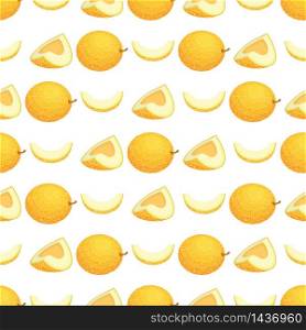 Seamless pattern with fresh whole, half and half melon fruit on white background. Honeydew melon. Summer fruits for healthy lifestyle. Organic fruit. Vector illustration for any design.