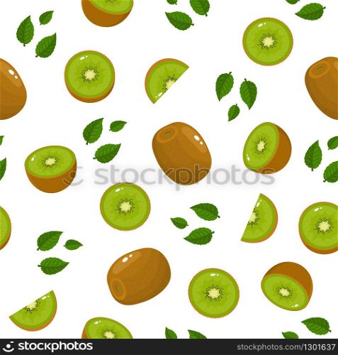 Seamless pattern with fresh whole half slice kiwi fruit and leaves on white background. Summer fruits for healthy lifestyle. Organic fruit. Cartoon style. Vector illustration for any design.