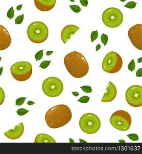 Seamless pattern with fresh whole half slice kiwi fruit and leaves on white background. Summer fruits for healthy lifestyle. Organic fruit. Cartoon style. Vector illustration for any design.
