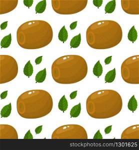 Seamless pattern with fresh whole kiwi fruit and leaves on white background. Summer fruits for healthy lifestyle. Organic fruit. Cartoon style. Vector illustration for any design.