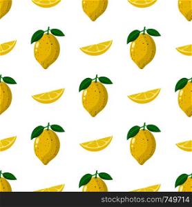 Seamless pattern with fresh whole, slice lemon fruit on white background. Vector illustration for design, web, wrapping paper, fabric, wallpaper.