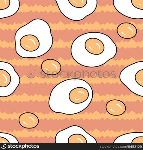 Seamless pattern with fried eggs on abstract striped background. Vintage doodle print for T-shirt, fabric, stationery. Hand drawn vector illustration for decor and design.