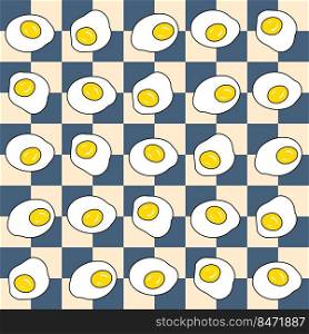 Seamless pattern with fried eggs on checkered background. Retro print for tee, textile, stationery. Hand drawn vector illustration for decor and design.