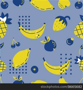 seamless pattern with fruits and berries on a blue background