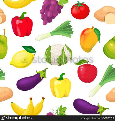 Seamless pattern with fruits and vegetables on white background.