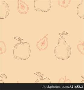 Seamless pattern with fruits. Apple and pear, whole under and cut halves on light orange background. Vector illustration. Line drawing in hand drawn doodle for design, decor, wallpaper and packaging