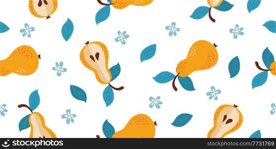 Seamless pattern with fruits. Yellow pears. On a white background. For printing on fabric, paper. Cute rustic pattern.. Seamless pattern with fruits. Yellow pears. On a white background.