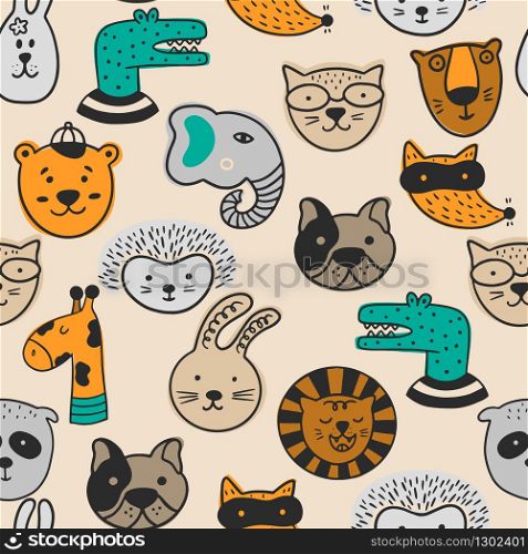 Seamless pattern with funny animal faces. Scandinavian vector illustration. Can be used for wallpaper, wrapping, textile, fabric.