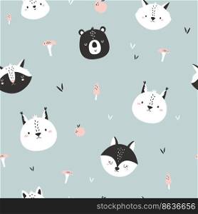 Seamless pattern with funny black and white animals in scandinavian style. Decorative design for prints, packaging, wallpaper, wrapping paper. Seamless pattern with funny black and white animals in scandinavian style