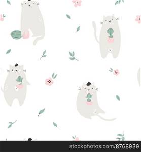 Seamless pattern with funny cats and succulents, cactus in pots. Cute design for fabric prints, wrapping paper, clothing. Seamless pattern with funny cats and succulents, cactus in pots