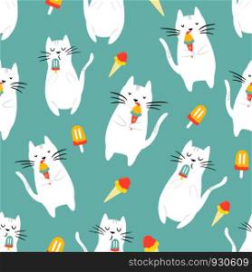 Seamless pattern with funny cats eating ice cream. Suitable for Web, wrapping paper, textile, gift box, background. Seamless pattern with funny cats eating ice cream