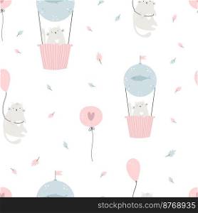 Seamless pattern with funny cats in hot air balloons. Cute design for fabric prints, wrapping paper, clothing. Seamless pattern with funny cats in hot air balloons