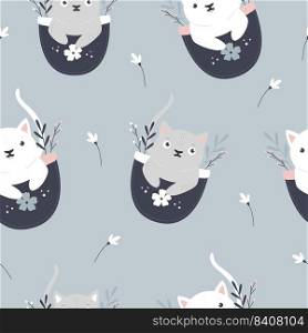 Seamless pattern with funny cats in pockets. Suitable for different prints, nursery decoration, wrapping paper, wallpaper, cloth design.. Seamless pattern with funny cats in pockets.