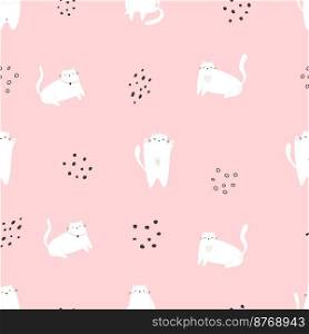 Seamless pattern with funny cats on pink background. Cute design for fabric prints, wrapping paper, clothing. Seamless pattern with funny cats on pink background