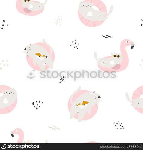 Seamless pattern with funny cats swimming in floating rings. pink flamingo. Cute design for fabric prints, wrapping paper, clothing. Seamless pattern with funny cats swimming in floating rings. pink flamingo