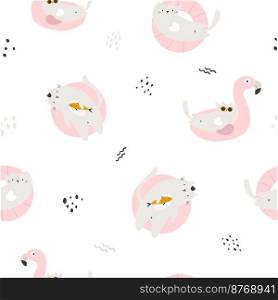 Seamless pattern with funny cats swimming in floating rings. pink flamingo. Cute design for fabric prints, wrapping paper, clothing. Seamless pattern with funny cats swimming in floating rings. pink flamingo