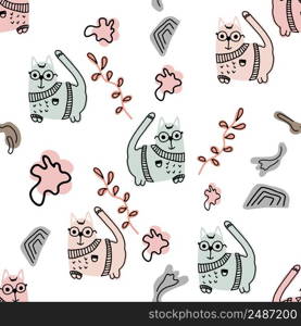 Seamless pattern with funny cats. Vector illustration. It can be print and used as wallpaper, packaging, wrapping paper, fabric and etc.. Seamless pattern with cute funny cats. Vector illustration. It can be print and used as wallpaper, packaging, wrapping paper, fabric and etc.