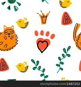 Seamless pattern with funny cats. Vector illustration. It can be print and used as wallpaper, packaging, wrapping paper, fabric and etc.. Seamless pattern with cute funny cats. Vector illustration. It can be print and used as wallpaper, packaging, wrapping paper, fabric and etc.