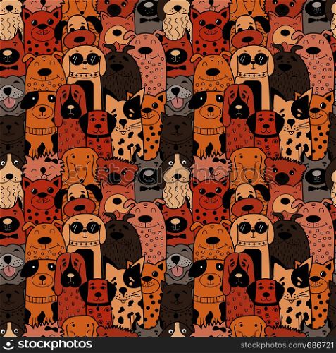 Seamless pattern with funny doodle dogs. Vector illustration. Can be used for textile, website background, book cover, packaging.