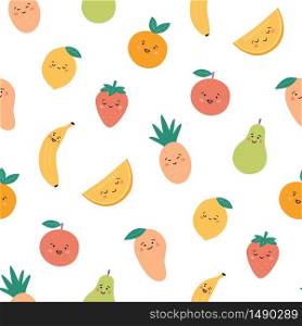 Seamless pattern with funny fruits. Kawaii smiling fruit characters. Hand drawn vector illustration on white background. Seamless pattern with funny fruits. Kawaii smiling fruit characters.