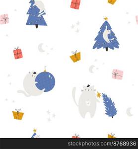 Seamless pattern with funny holiday cats, decorations, Christmas trees, gifr boxes. Cute design for fabric prints, wrapping paper, clothing. Seamless pattern with funny holiday cats, decorations, Christmas trees, gifr boxes