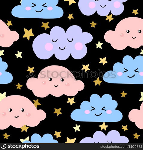 Seamless pattern with funny kawaii clouds on the night sky background. Vector illustration. Seamless pattern funny kawaii cloud on the rainbow.Vector illustration