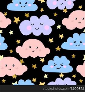 Seamless pattern with funny kawaii clouds on the night sky background. Vector illustration. Seamless pattern funny kawaii cloud on the rainbow.Vector illustration