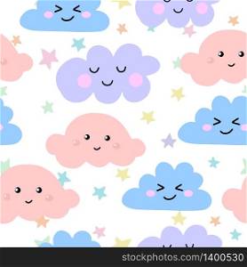 Seamless pattern with funny kawaii clouds on the white background. Vector illustration. Seamless pattern funny kawaii cloud on the rainbow.Vector illustration