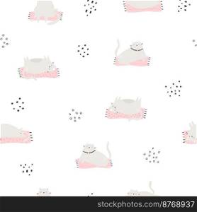 Seamless pattern with funny lazy cats lying on carpets. Cute design for fabric prints, wrapping paper, clothing. Seamless pattern with funny lazy cats lying on carpets