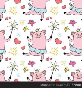 Seamless pattern with funny piggy princess,jumping pig ballerina with a crown and a magic wand,cute texture, vector illustration