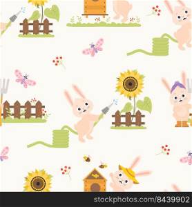 Seamless pattern with funny rabbits. cute bunny farmer with pitchfork near fence, watering sunflower from hose and beekeeper with beehive on background with butterflies and bees. Vector illustration