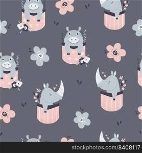 Seamless pattern with funny rhinos and hippos in pockets. Suitable for different prints, nursery decoration, wrapping paper, wallpaper, cloth design.. Seamless pattern with funny rhinos and hippos in pockets.