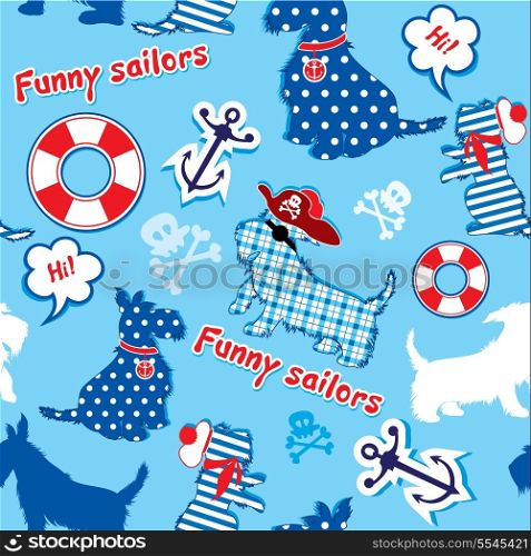Seamless pattern with funny scottish terrier dogs - sailors, anchor, lifebuoy, jolly Roger