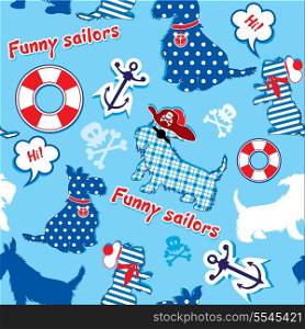 Seamless pattern with funny scottish terrier dogs - sailors, anchor, lifebuoy, jolly Roger