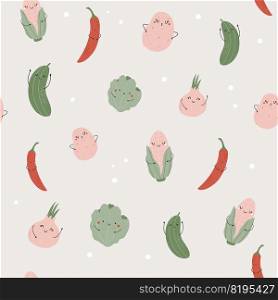Seamless pattern with funny vegetable characters lettuce, chilly, potato, corn, cucumber and onion.. Seamless pattern with funny cheerful vegetable characters