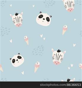 Seamless pattern with funny zebra, panda and ice cream on blue background. Decorative design for prints, packaging, wallpaper, wrapping paper. Seamless pattern with funny zebra, panda and ice cream on blue background