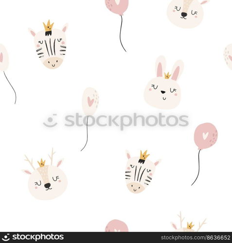 Seamless pattern with funny zebra, rabbit, deer and balloon. Decorative design for prints, packaging, wallpaper, wrapping paper. Seamless pattern with funny zebra, rabbit, deer and balloon