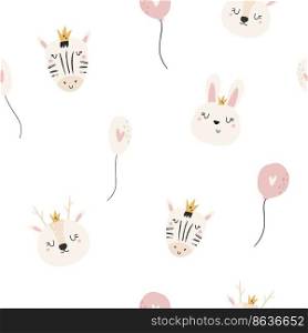 Seamless pattern with funny zebra, rabbit, deer and balloon. Decorative design for prints, packaging, wallpaper, wrapping paper. Seamless pattern with funny zebra, rabbit, deer and balloon