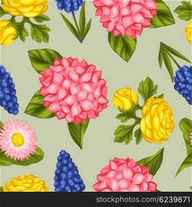 Seamless pattern with garden flowers. Decorative hortense, ranunculus, muscari and marguerite. Easy to use for backdrop, textile, wrapping paper, wallpaper.