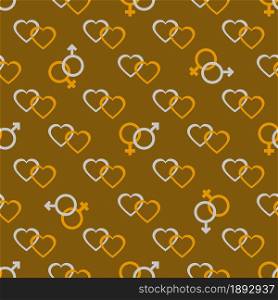 Seamless pattern with gender symbols and hearts. Male and female icons, hearts. Greeting card happy Valentine&rsquo;s Day. Romantic background.